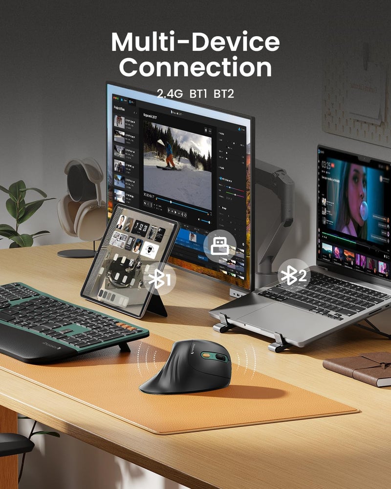 ProtoArc Ergonomic Mouse, EM11 NL Wireless Vertical Mouse, Ergo Mouse with Multi-Device, USB-C Rechargeable Mice for Windows, Mac OS, PC/Notebook/Laptop,Green - Image 3